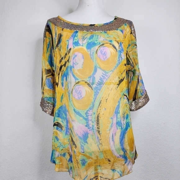 NEW YELLOW URBAN MANGOZ SIZE S, SEQUINS MULTICOLOR BLOUSE FALL SHEER AQUA - Picture 5 of 17